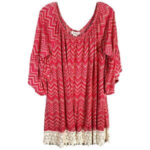 Adara Plus Size 3X Top Tunic Pink Tan Elastic Neck Crochet Lace Trim Stretch 737